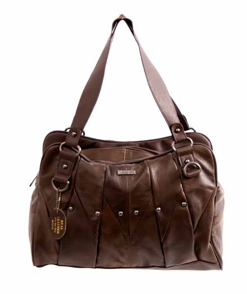 3732 BROWN Top Zip C.Hide Shlder Bag, Pleated & Studs